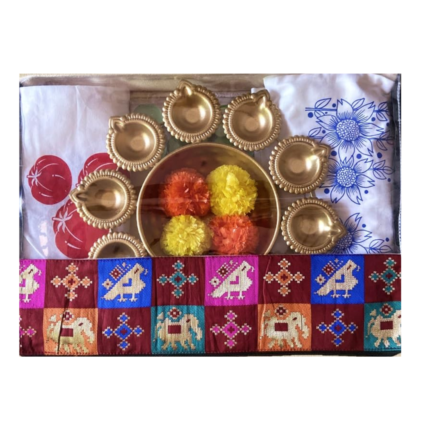 Arka Home Products Festive Gift Hamper Includes Brass Urli, Vegetable Fridge Bags, Tee-Lights, Shubh-Labh, Travel Organiser Set and Canvas Box Bag (Pack of 15)