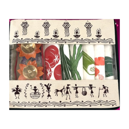 Arka Home Products Festive Gift Hamper Includes Brass Diyas, Vegetable Fridge Bags, Net Bags, Reusable Shopping Bags, Tee-Lights, Shubh-Labh, Multi-utility Canvas Tray and Canvas Box Bag (Pack of 15)